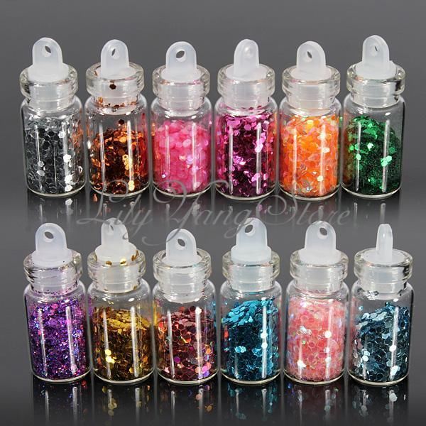 12X Mini Bottle Set Glitter Nail Art Pó dicas Rhinestone Dec